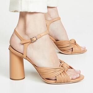 Loeffler Randall Cece Knotted Block Heel Sandals Women's SZ 5 Tan Leather EUC